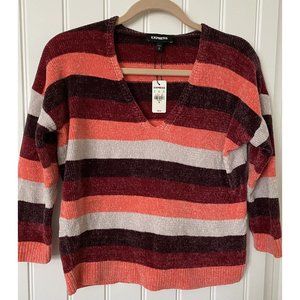 Express XS Chenille Velvet Stripe Sweater Pink White NEW w‎ TAGS
